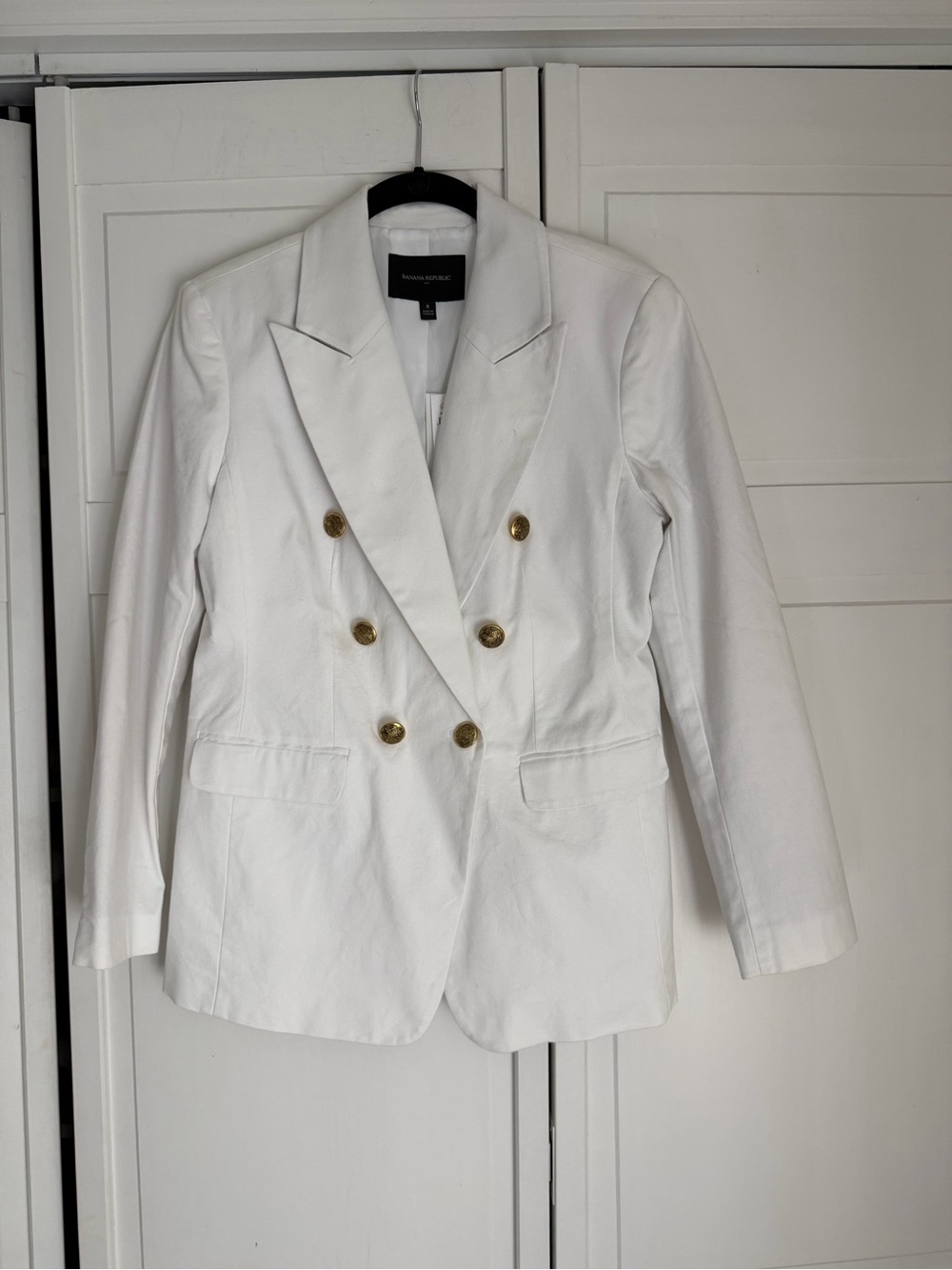 Banana Republic Cotton White Double-Breasted Blazer with Gold Buttons